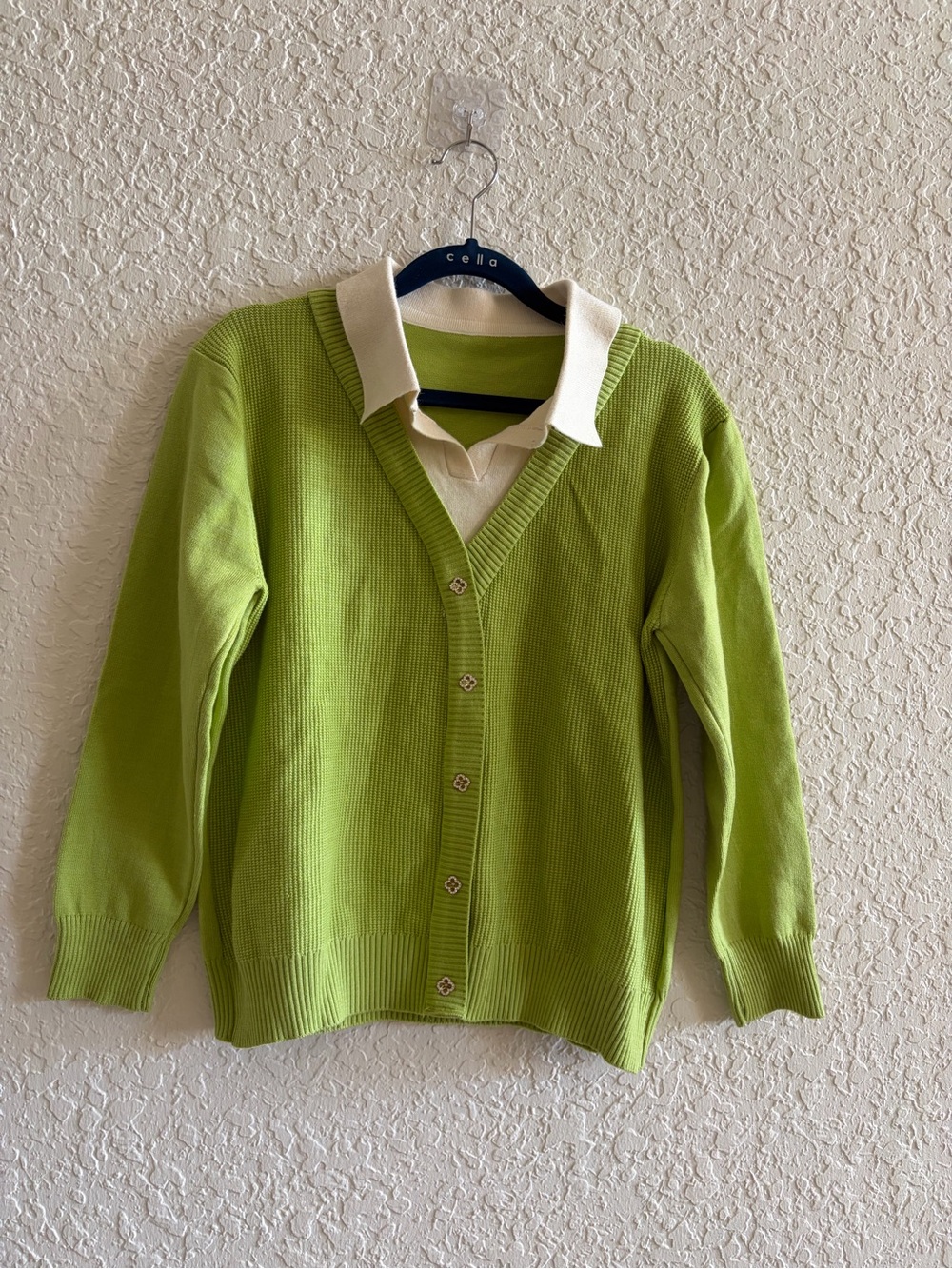 Classic Lime Green V-Neck Button Sweater with Polo Collar